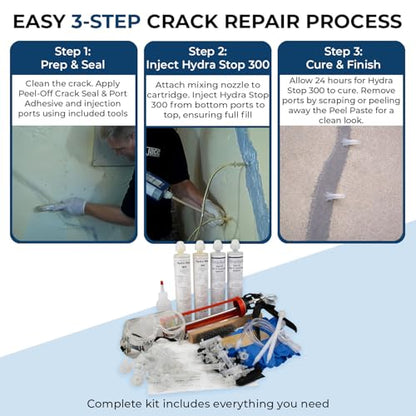 10ft Peel-Off Paste Foundation Crack Repair Kit, Hydra Stop 300 Polyurethane Foam Concrete Foundation Leak Repair System with Peel Paste and Surface Ports, Basement Waterproofing Concrete Crack Filler