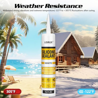 LISRUX Advanced Silicone Caulk for Window & Door, White, 15.2 fl oz Cartridge, 1 Pack - 100% Waterproof Silicone Sealant Indoor Outdoor Caulking, UV Resistant, Stronger Adhesion, Shrink & Crack Proof - size: 1P