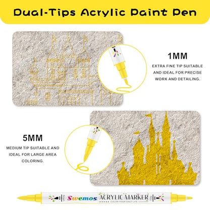 Swemos 2Pcs Yellow Acrylic Paint Pens Markers, Dual Tip with Fine Tip and Brush Tip Pens Acrylic Paint Markers Waterproof Acrylic Markers Set for Rock, Canvas Stone, Wood, Glass, Metal (YELLOW, 2) - style: YELLOW