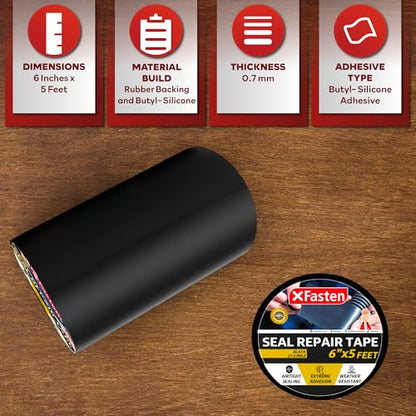 XFasten Waterproof Patch Seal Repair and Leak Shield Tape, 6-Inch x 5-Foot (Black, 6-Inch x 5-Foot) - color: Black