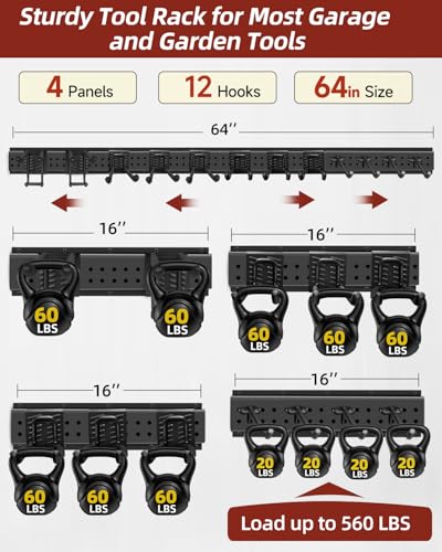 64-Inch Garage Storage Tool Organizer Wall Mount, Heavy Duty Garage Organization Metal Rack with 12 Hooks, Garden Tool Hanger Holder for Broom, Shovels, Ladders, Lawn Tools - size: 64" 4 Panels & 14 Hooks