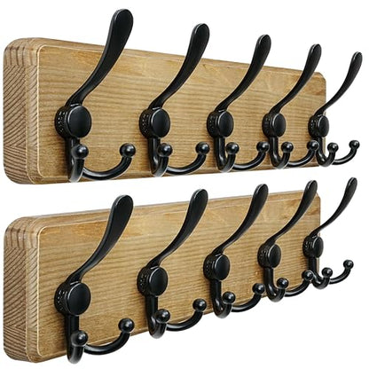 Dseap Coat Rack Wall Mount - Heavy-Duty Robust Barnwood-Style Wooden Wall Coat Hanger Hook Rail with 5 Triple Hooks for Winter Coats Hat Jacket Clothing, Weathered Brown & Black, Pack of 2 - color: Weathered Brown & Black, size: L=17.4"