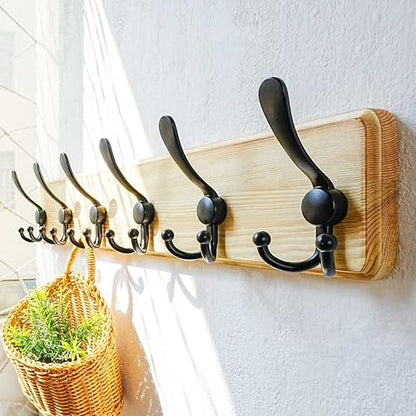 Dseap Coat Rack Wall Mounted - 24" Long 6 Tri Hooks, Heavy Duty Wooden Wall Coat Hanger Coat Hook for Clothes Hat Jacket Clothing, Weathered Light Natural and Black, Pack of 2 - color: Light Brown & Black, size: L=24"