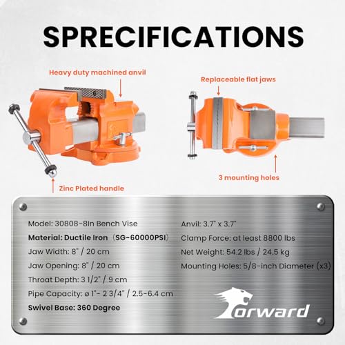 Forward Bench Vise 8 Inch Ductile Iron Bench Vice with 360 Degree Swivel Base and Channel Steel Guide Bar 30808 (8") - size: 8 Inch