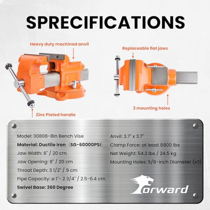 Forward Bench Vise 8 Inch Ductile Iron Bench Vice with 360 Degree Swivel Base and Channel Steel Guide Bar 30808 (8") - size: 8 Inch