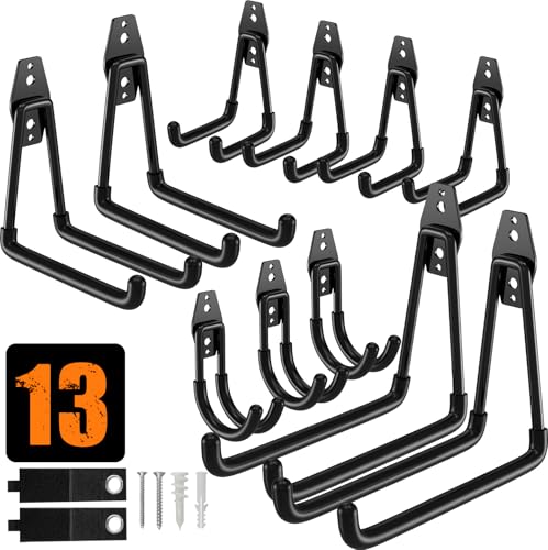 QcoQce 13 Pack Garage Hooks Heavy Duty with 2 Extension Cord Straps,Garage Storage Hooks, Wall Mount Hooks, Garage Organization and Tool Hangers for Bike, Ladder, Ropes and Garden Tools - color: Black, size: 13Pack