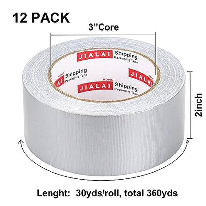 JIALAI HOME Duct Tape Heavy Duty Silver - 12 Roll Multi Pack - 30 Yards x 2 Inch - Strong, Flexible, Waterproof and Tear by Hand - for Home Use, Do-It-Yourself Projects and Repairs - color: Silver