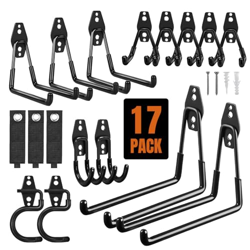Garage Hooks, 17 Pack Assorted Wall Mount Tool Hangers with Anti-Slip Rubber Coating, Easy Installation with Screws & Anchors for Garage, Shed, Workshop Organization & Storage - size: U hook 17PCS