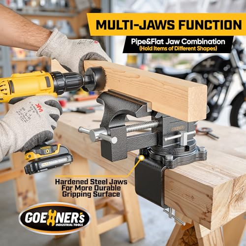 6-Inch Bench Vise, Vice for Workbench with Heavy Duty Forged Steel Construction, Built-in Pipe Jaw and Swivel Base, Table Vise for Woodworking, Home Workshop Use and DIY Job