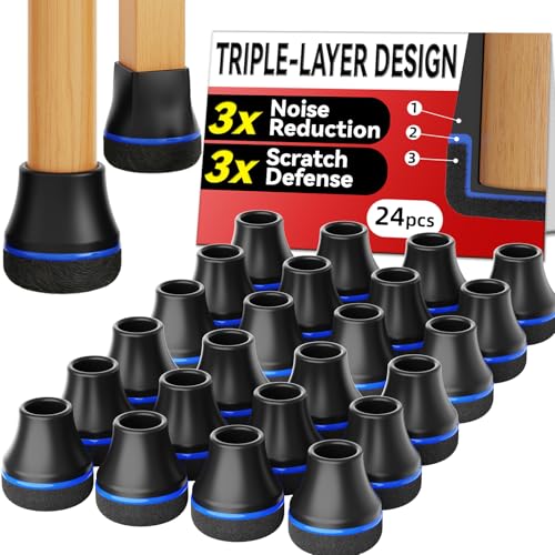 Chair Leg Floor Protectors for Hardwood Floors, Triple-Layer Design Silicone Chair Leg Caps, 3X Noise Reduction & 3X Anti-Scratch, Premium Durable Protectors for Dining Chairs (24pcs Fit 1.1"-1.5") - color: 24pcs Black&blue Ring, size: Round-L (1.1-1.5inc