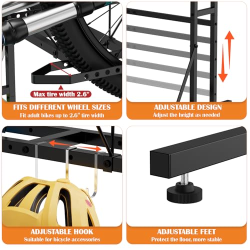 OYEAL Vertical Bike Stand, Free Standing Bike Rack Garage with 6 Hooks, Indoor/Outdoor Floor Bike Storage for 3 Adult Mountain/Road &1 Kids Bikes, Max Tire Width 2.6”, Black