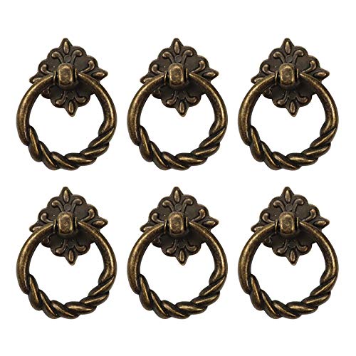 Chris.W 6pcs Vintage Bronze Drop Ring Knobs Pulls Handles for Dresser Drawer Antique Drawer Pull Ring Single Hole Decorative Hardware with Screws for Furniture Cabinet Cupboard