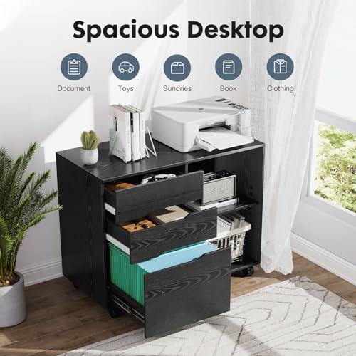 DUMOS Lateral File Cabinet with 3 Drawers Rolling Filing Cabinets Under Desk Storage Printer Stand Wood Organizer with Wheels Adjustable Shelf for Office Home Small Space, Black - color: Modern Black