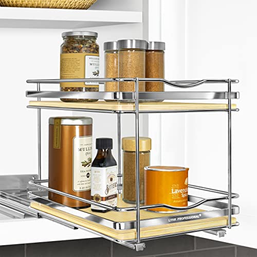 LYNK PROFESSIONAL® Élite™ Pull Out Spice Organization for Cabinets - 8-3/8 inch Wide – Spice Rack for Inside Cabinets – Wood/Chrome - Sliding Spice Rack Organizer for cabinet – Spice Rack - 2 Tier - color: Wood, size: 8-1/4" - 2 Tier