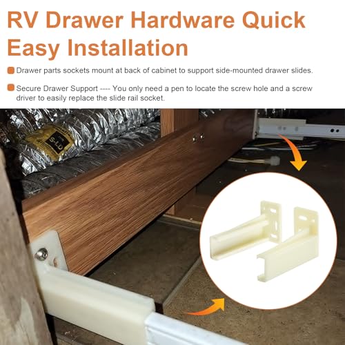 Drawer Slide Socket Set Cabinet Hardware, RV Drawer Parts Fits 0.86 Inch Drawer Slide, Rear Drawer Track Socket Mounting Back Plates Brackets, Drawer Side Track Brackets 2 Set