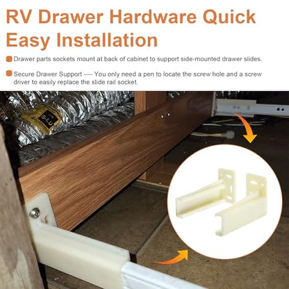 Drawer Slide Socket Set Cabinet Hardware, RV Drawer Parts Fits 0.86 Inch Drawer Slide, Rear Drawer Track Socket Mounting Back Plates Brackets, Drawer Side Track Brackets 2 Set