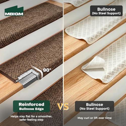 MBIGM Bullnose Non-Slip Stair Treads w/Reusable Adhesive 14 Pack 9.5" x 30" Wooden Steps Protection - TPU Backing with Steel Reinforcement - Anti-Slip Solution Knitted Brown Non Slip Stair Tread - color: Brown - Knitted