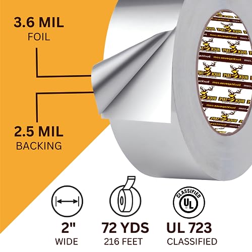 12 Pack Buck Aluminum Foil Tape – 2 Inch x 216ft (72 yd), 3.6 Mil – HVAC Tape for Ductwork, AC, Dryer Vents & Insulation – Silver Foil Tape for Metal Repair, Exhaust Sealing & Air Conditioning - size: 2 Inch, style: 12 Pack