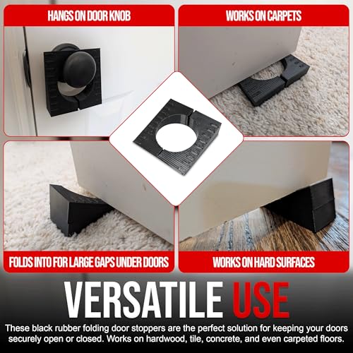 USA Made Folding Rubber Door Stopper Wedge – 2 Pack Black Heavy Duty Door Stops for Bottom of Door – Works on Carpet & Hard Floors – Hangs on Doorknob – Apartment & Office Essential