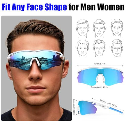 Polarized Sports Sunglasses for Men Women,Wrap Around Sun Glasses for Running Cycling Baseball Fishing Golf Hiking - color: White Blue