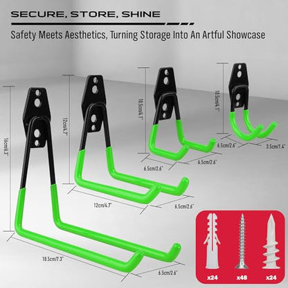 15-Piece Garage Wall Hooks with 3 Extension Straps, Green Heavy Duty Tool Storage Rack for Ladder, Bike, Shovel, Garden Tools, Metal Wall Mount Organizer Set - style: 15-Pack Hooks + 3 Straps（green）