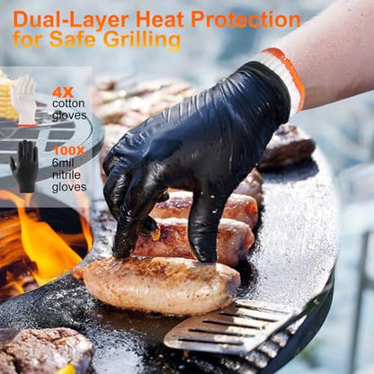 ANBOSON BBQ Gloves for Cooking Baking Grilling, 100 Count Disposable Nitrile Gloves and 4 Count Cotton Glove Liners Washable (6mil Nitrile, X-Large) - size: X-Large, style: 6mil Nitrile