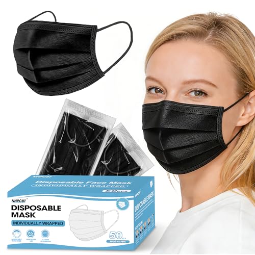 NNPCBT Black Individually Wrapped Masks 50pcs, Disposable Face Masks for Adults, 3 Ply Breathable Face Mask Black Indoor Outdoor - color: Adult-50 Pcs-ind Black