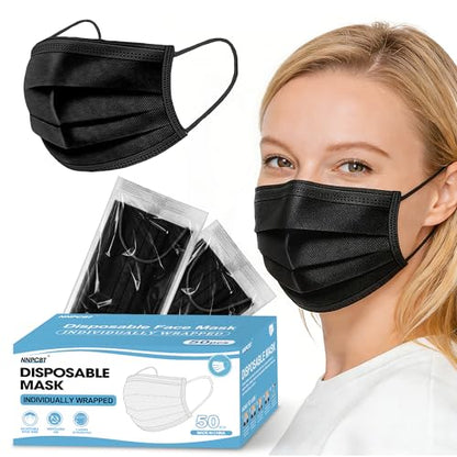 NNPCBT Black Individually Wrapped Masks 50pcs, Disposable Face Masks for Adults, 3 Ply Breathable Face Mask Black Indoor Outdoor - color: Adult-50 Pcs-ind Black