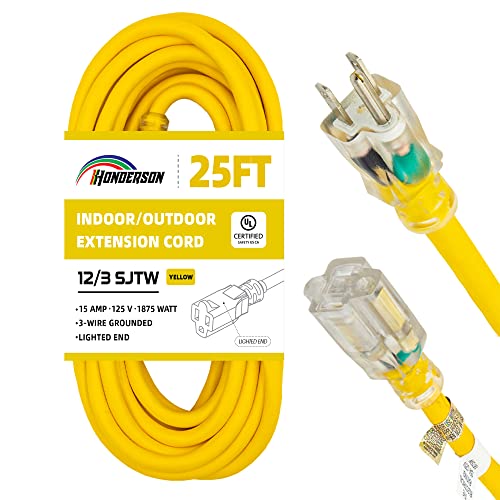Indoor Outdoor Extension Cord Weatherproof with Lighted End, UL Listed, 12 Gauge 25FT Yellow 3 Prong Heavy Duty, 12/3 SJTW 15A Power Cord for Outdoor Lights, Lawn - size: 25FT, style: 12/3