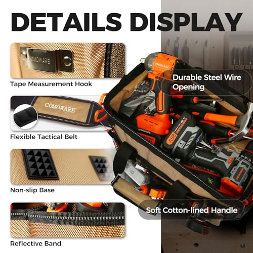 COMOWARE 19-Pocket Tool Bag, 16“ Heavy Duty Tool Organizer with Adjustable 51.2" Shoulder Strap, 1680D Oxford Fabric & PVC Coating, Reflective Strips, Tactical Loops, Mechanics, DIY - color: Khaki
