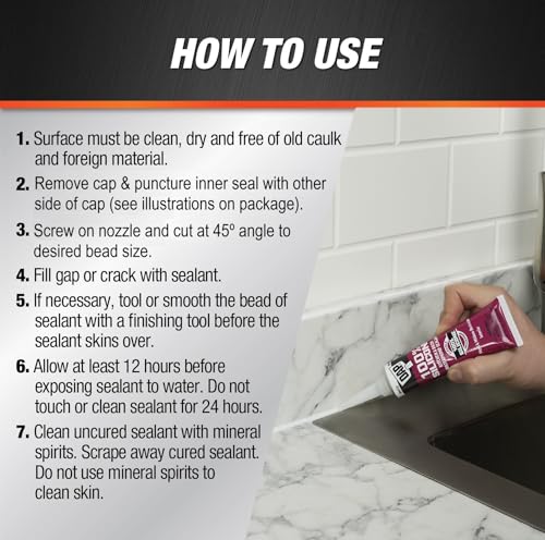 DAP 100% Silicone Rubber Kitchen, Bath & Plumbing Bath Sealant, White, 2.8 oz (7079800950)