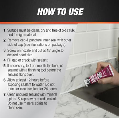 DAP 100% Silicone Rubber Kitchen, Bath & Plumbing Bath Sealant, White, 2.8 oz (7079800950)