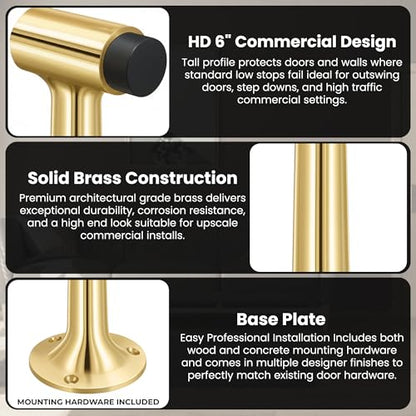 Heavy Duty 6″ Door Stop, Solid Brass Commercial Grade, Floor Mount Stopper (Polished Brass) - color: Polished Brass