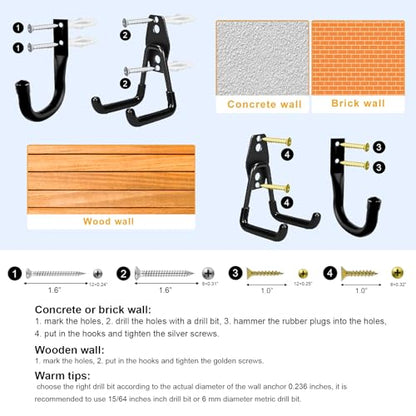 Heavy Duty Wall Garage Hooks, Steel Anti-Slip Utility Hooks Storage Organization Hangers for Ladders, Bikes, Hose, Garden Tools, Coats, Bags with Mounting Hardware Kit (Black, 10 Pack) - color: Black(10pcs)
