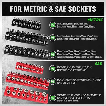 6-piece Magnetic Socket Organizer Set, Metric & SAE Drive Socket Holder, Includes 1/4", 3/8", 1/2", Holds 143 Pieces Magnetic Trays Red Black - style: 6PCS Red/Black