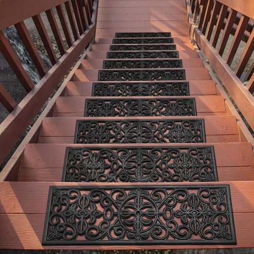 Ottomanson Outdoor Rubber Stair Treads – Scroll Classic Heavy-Duty Non-Slip Stair Mats – Best Grip on Concrete, Brick & Textured Step – Fastening Recommended for Wooden & RV Steps, Pack of 5 - color: Black Scroll Classic