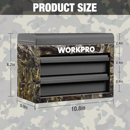 WORKPRO Metal Mini Tool Box, Top Tool Chest containing Two Drawers with Ball Bearing Slides, PVC Drawer Liners and PP Feet Pads, Durable Cold Rolled Steel Small Toolbox for Multi-Purpose Storage - color: Green Camo