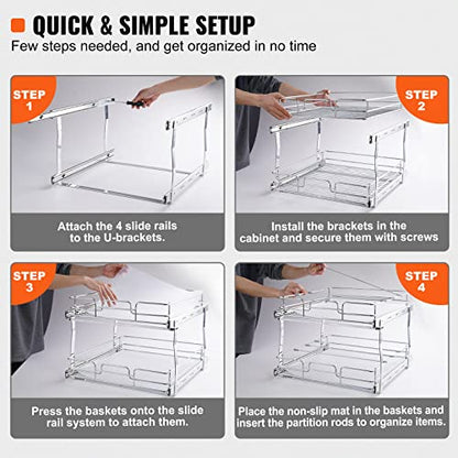 VEVOR 2 Tier 17"Wx21.2"Dx15.2"H Pull Out Cabinet Organizer, Heavy Duty Slide Out Pantry Shelves, Steel Roll Out Drawers, Sliding Drawer Storage for Home, 18.5"Wx22.5"Dx19"H Install Size for Cabinet - size: 17"Wx21.2"Dx15.2"H