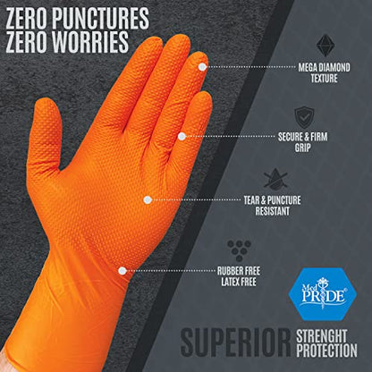 MED PRIDE Maxx Strength Nitrile Industrial Orange Gloves, 8 Mil Thick - Diamond Texture Disposable Heavy-Duty, Tear-Resistant - size: Large