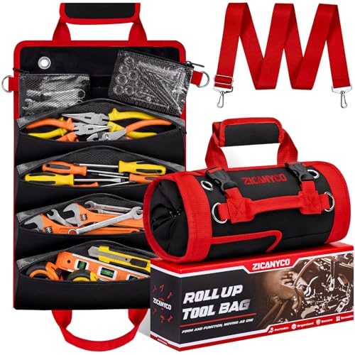 Roll Up Tool Bag, Heavy Duty See-Through Tool Roll Organizer with 2 Detachable Pouches, Portable Mechanic & Motorcycle Tool Bag, Birthday & Father’s Day Gift, Red - color: silvery