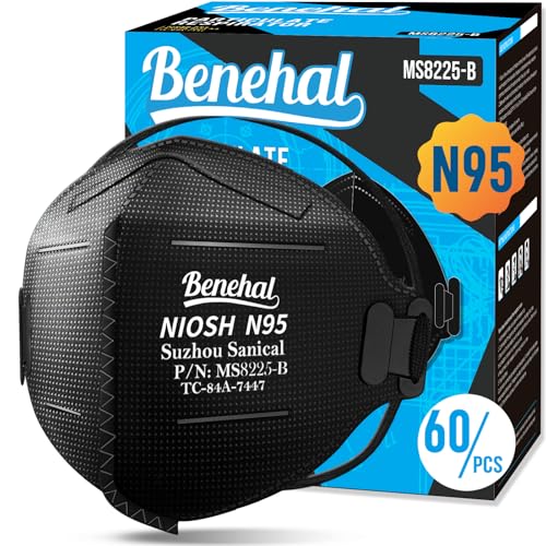 benehal NIOSH Approved N95 Mask Particulate Respirators, Pack of 60 N95 Face Masks, Individually Wrapped,Black - color: Black, size: 60 Count (Pack of 1)