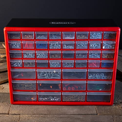 Set of Two Storage Bins with Drawers – Pair of 44 and 24 Drawer Desktop or Wall Mount Plastic Tool Organizers for Hardware or Crafts by Stalwart (Red) - style: 44 and 24 Drawers