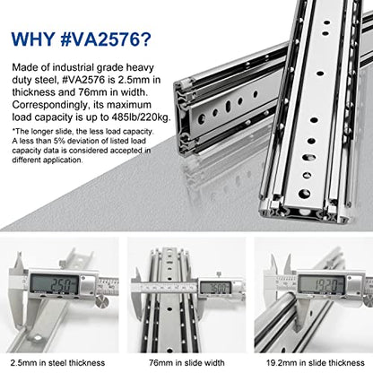 VADANIA 32" Heavy Duty Drawer Slide Without Lock, #A76, 2" Width Up to 250lb Load Capacity, 3-Fold Full Extension, Ball Bearing, Side Mount, 1-Pair - color: #A76 - Without Lock, size: 32 Inch