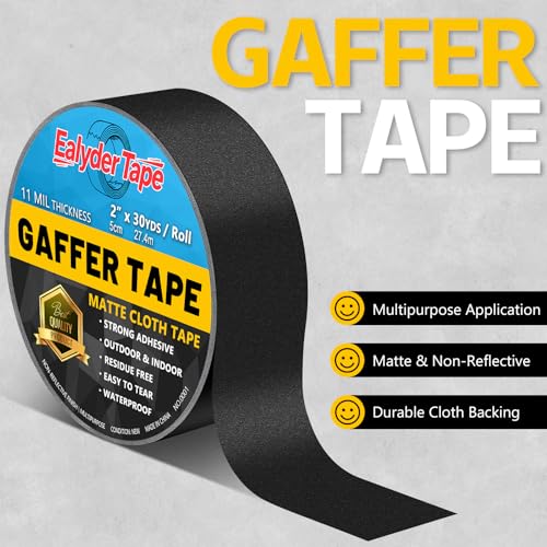 Black Gaffers Tape 2 Inch x 30 Yards - Heavy Duty, Waterproof, No Residue, Non-Reflective, Easy Tear Gaffers Stage Tape - Multipurpose