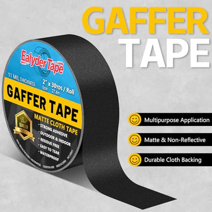 Black Gaffers Tape 2 Inch x 30 Yards - Heavy Duty, Waterproof, No Residue, Non-Reflective, Easy Tear Gaffers Stage Tape - Multipurpose