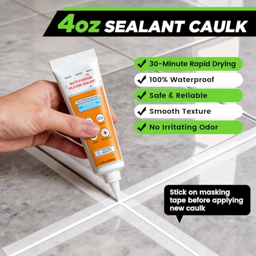 White Silicone Caulk Set-12oz Waterproof Silicone sealant,5 in 1 Caulk Tool with Caulk Remover Tool & Caulk Finishing Tool,Silicone Caulking Tool Kit of Bathroom Caulk, Shower Caulk, Bathtub Caulk