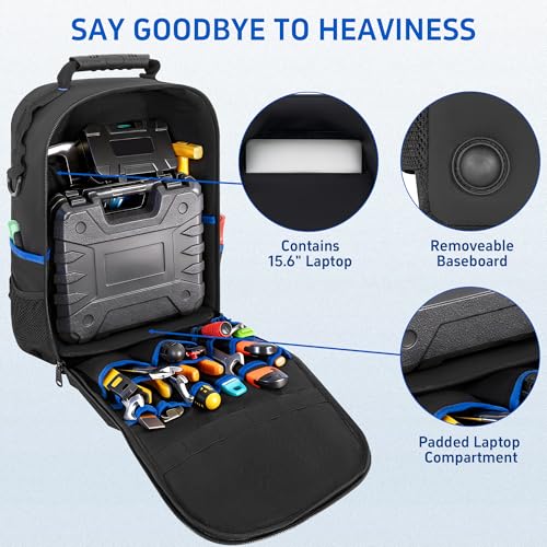 Backpack Tool Bag with Movable Base Plate, Heavy Duty Tool Storage with Removable Tool Organizer, Durable Water Resistant for Electricians & Home Repair-Version 4.0- Black&Blue - color: Black&Blue