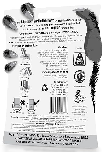 Slipstick GorillaOutdoor Berber Furniture Feet Pads with Clear Sleeve Sock (8 Pack) Weatherproof Outdoor Furniture Sliders for Medium Rectangular Legs - size: Rectangular Medium