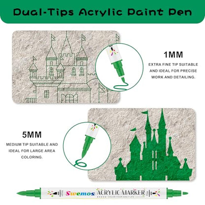 Swemos 2Pcs Green Acrylic Paint Pens Markers, Dual Tip with Fine Tip and Brush Tip Pens Acrylic Paint Markers Waterproof Acrylic Markers Set for Rock, Canvas Stone, Wood, Glass, Metal (GREEN, 2) - style: GREEN