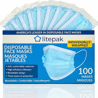 100pcs Premium Individually Wrapped Disposable Face Mask Black Premium Comfort Earloops Nose Wire - color: Blue